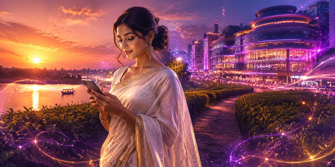 বগুড়ায় শাড়ি পরিহিত একজন সদস্য মোবাইলে 22jl স্বাগত বোনাস ব্যবহার করছেন